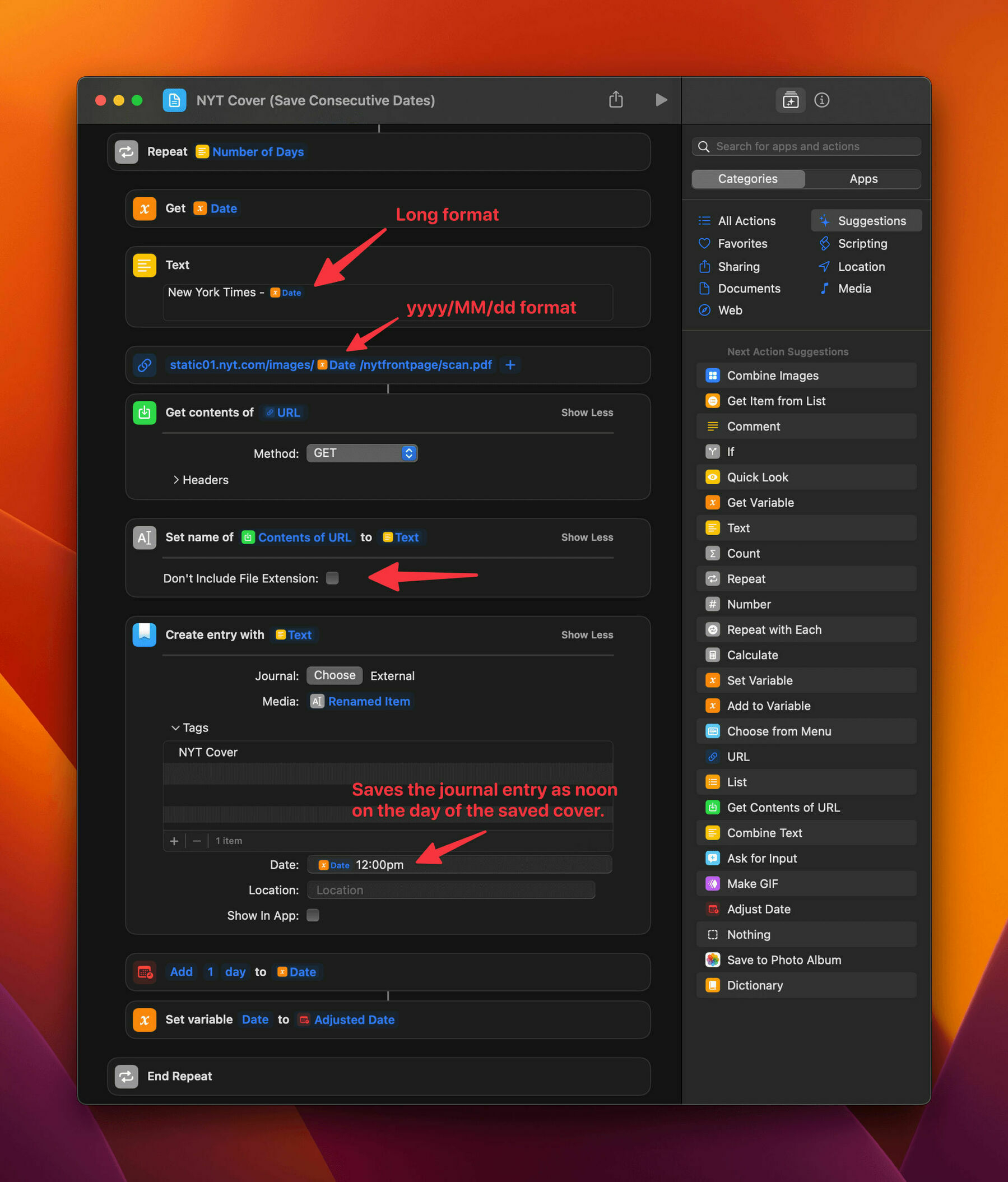 Showing the hidden parameters of the actions within the Repeat block.