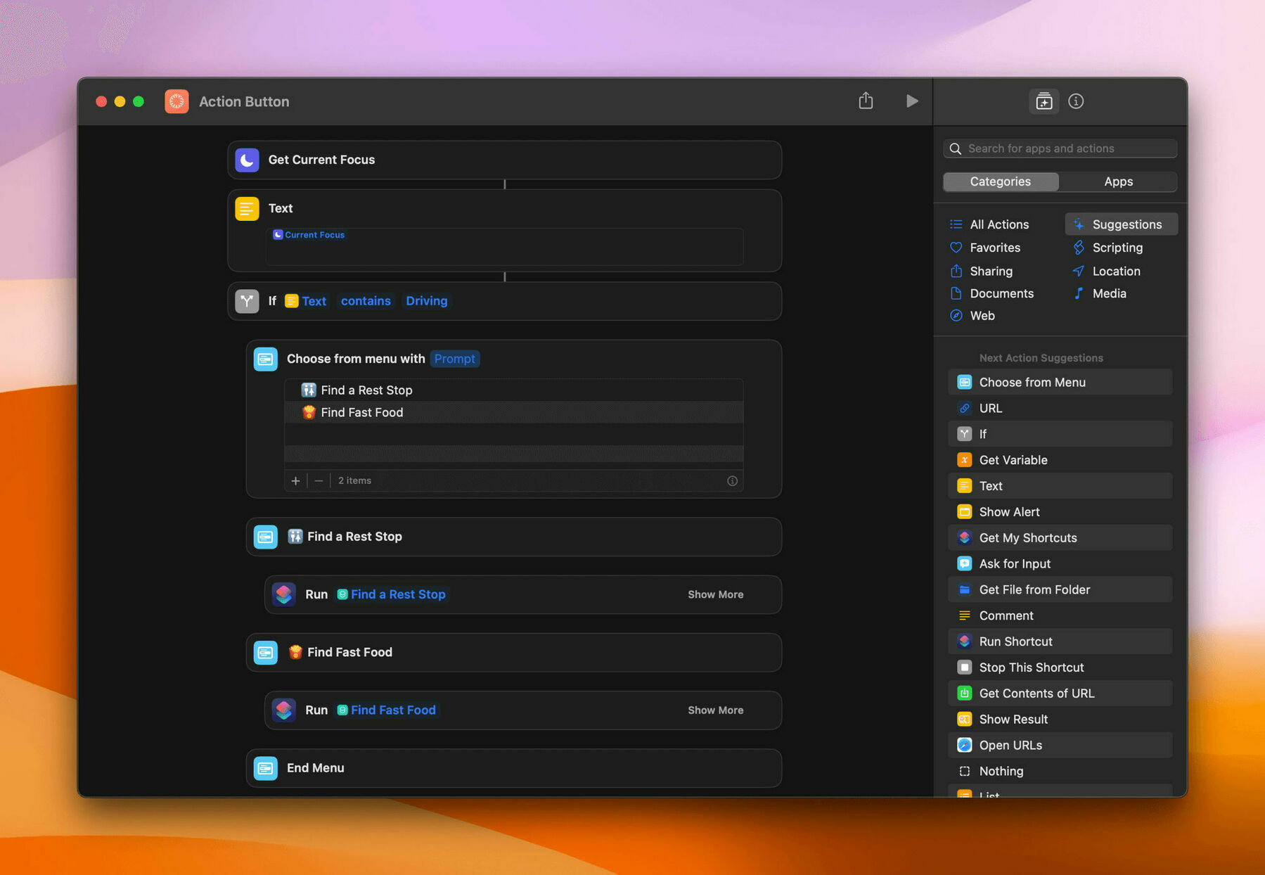 A screenshot of the ‘Action Button’ shortcut actions on Mac.