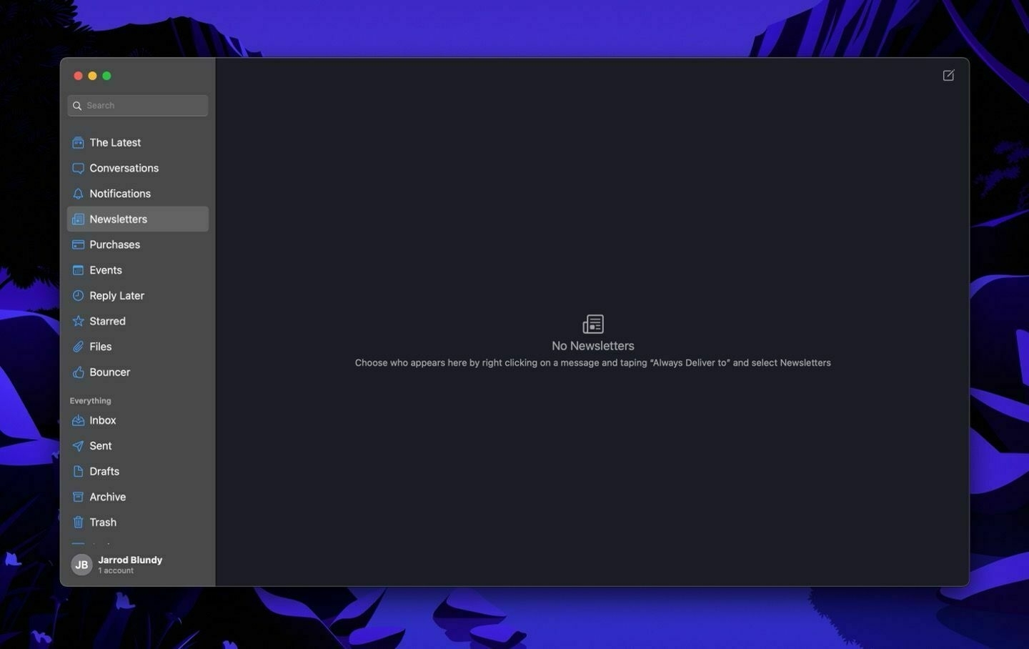 Big Mail on Mac showing an empty Newsletter Scene.