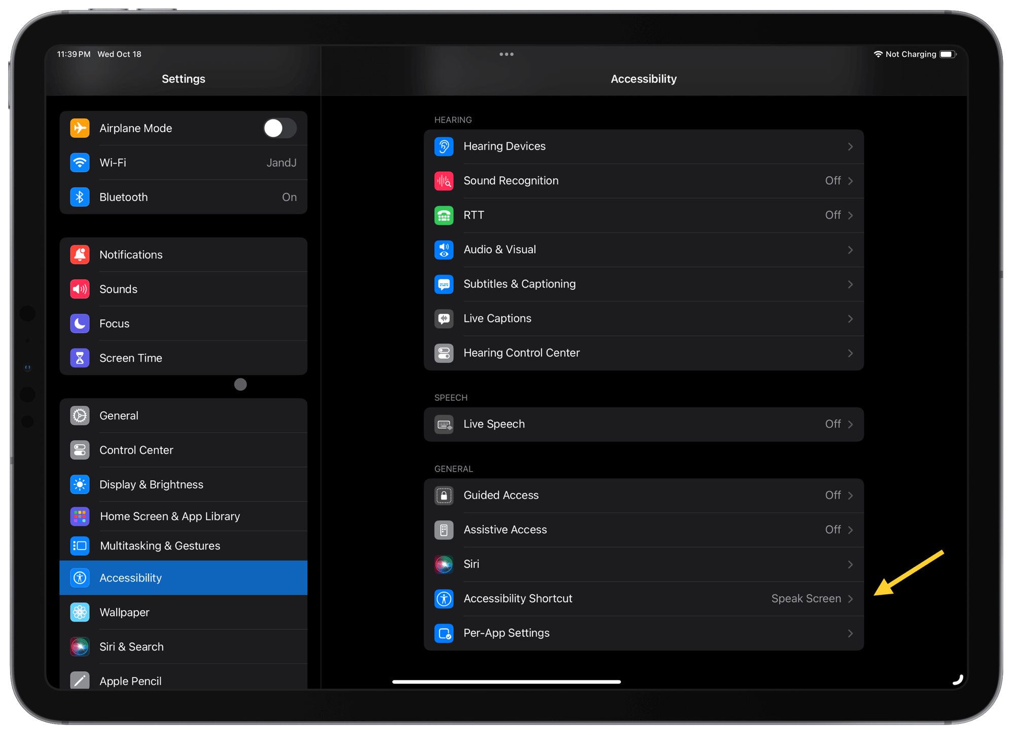The Accessibility pane in Settings, showcasing the Accessibility Shortcut option.