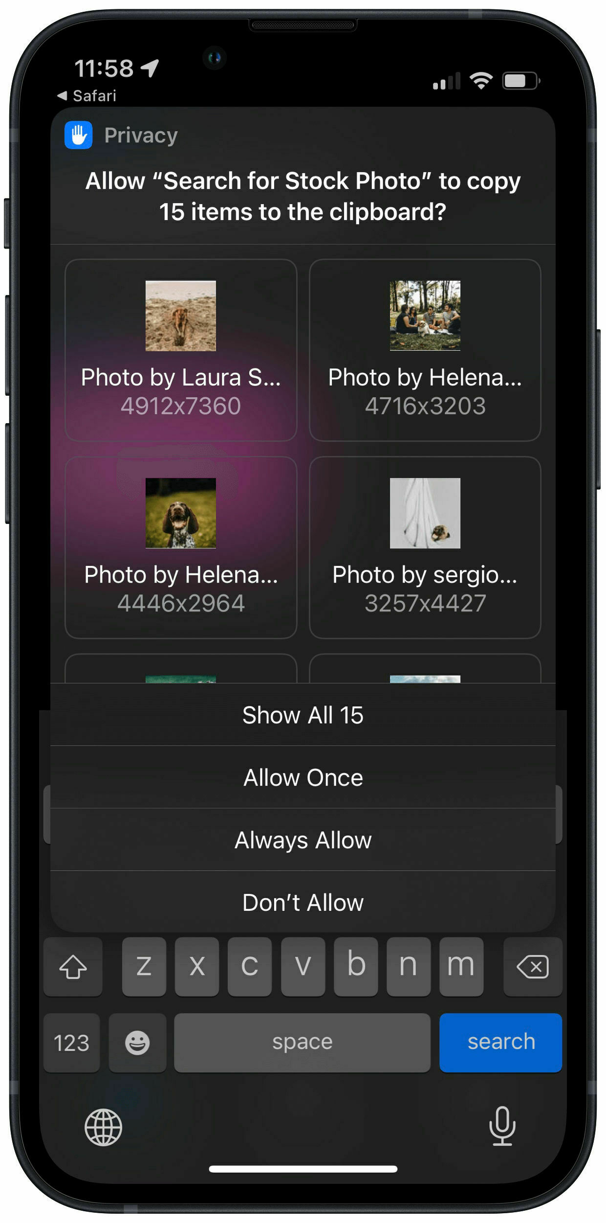 A screenshot of the shortcut in action showing it trying to pass all of the search results to the next actions.