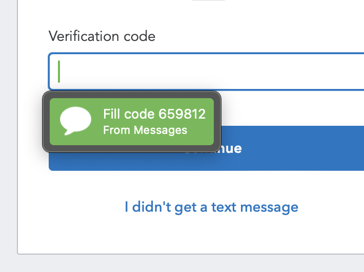 A screenshot of Security Code AutoFill on macOS.