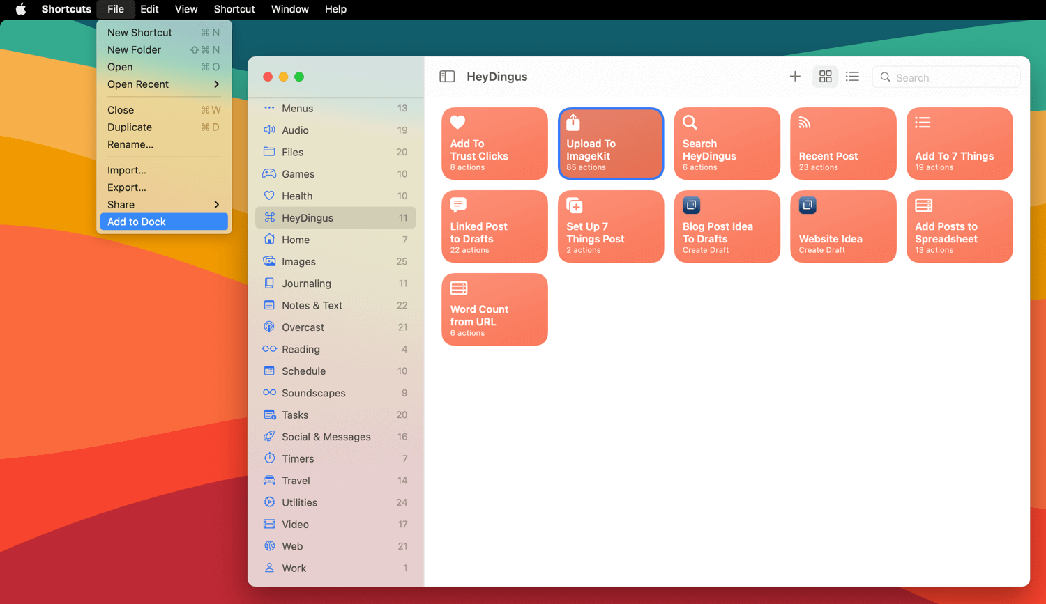 A screenshot of the menu item to add a shortcut to the dock.