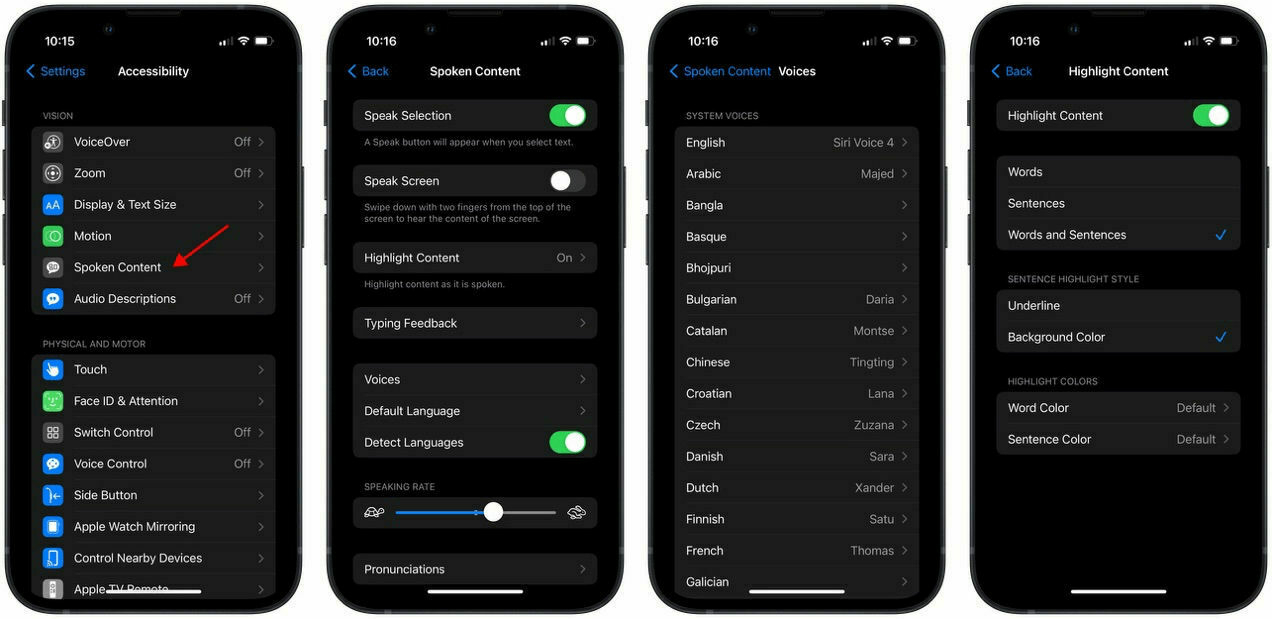 The Accessibility settings for Spoken Content, including Speak Selection, Highlight Content, Voices, and Speaking Rate.