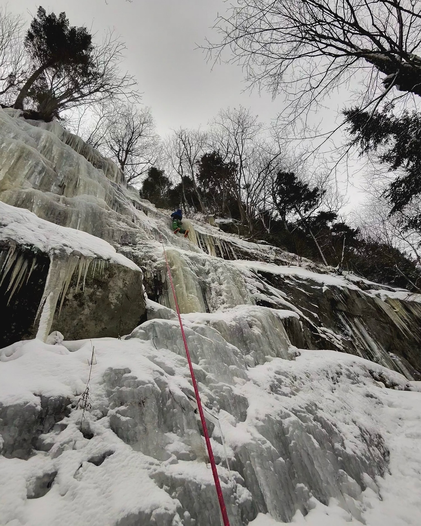 Climber ascending frozen waterfall with ice axe surrounded by snow-covered landscape and bare winter trees under overcast sky.