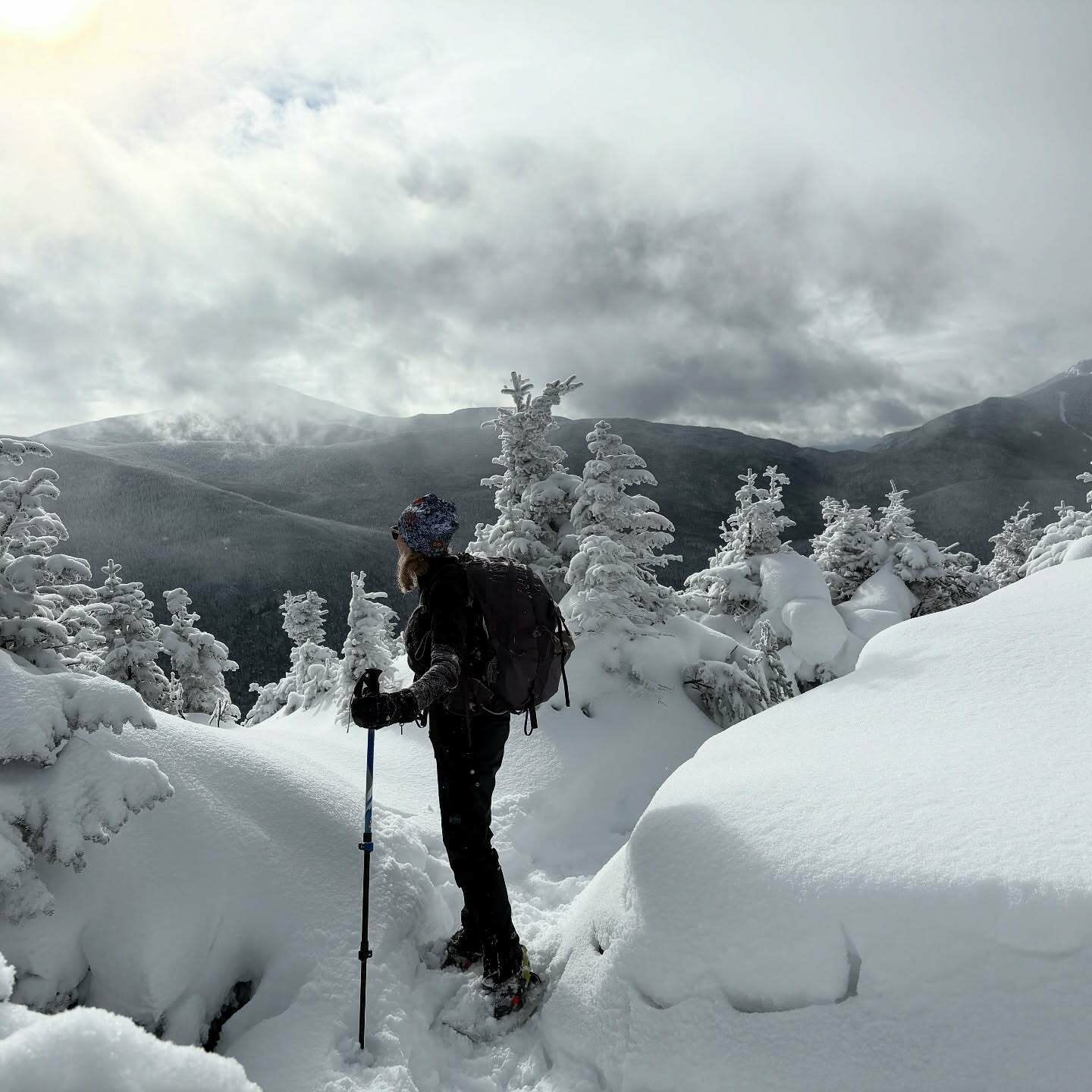 Person stands holding a hiking pole overlooking a snow-covered landscape with frosted trees and distant mountains under a cloudy sky.