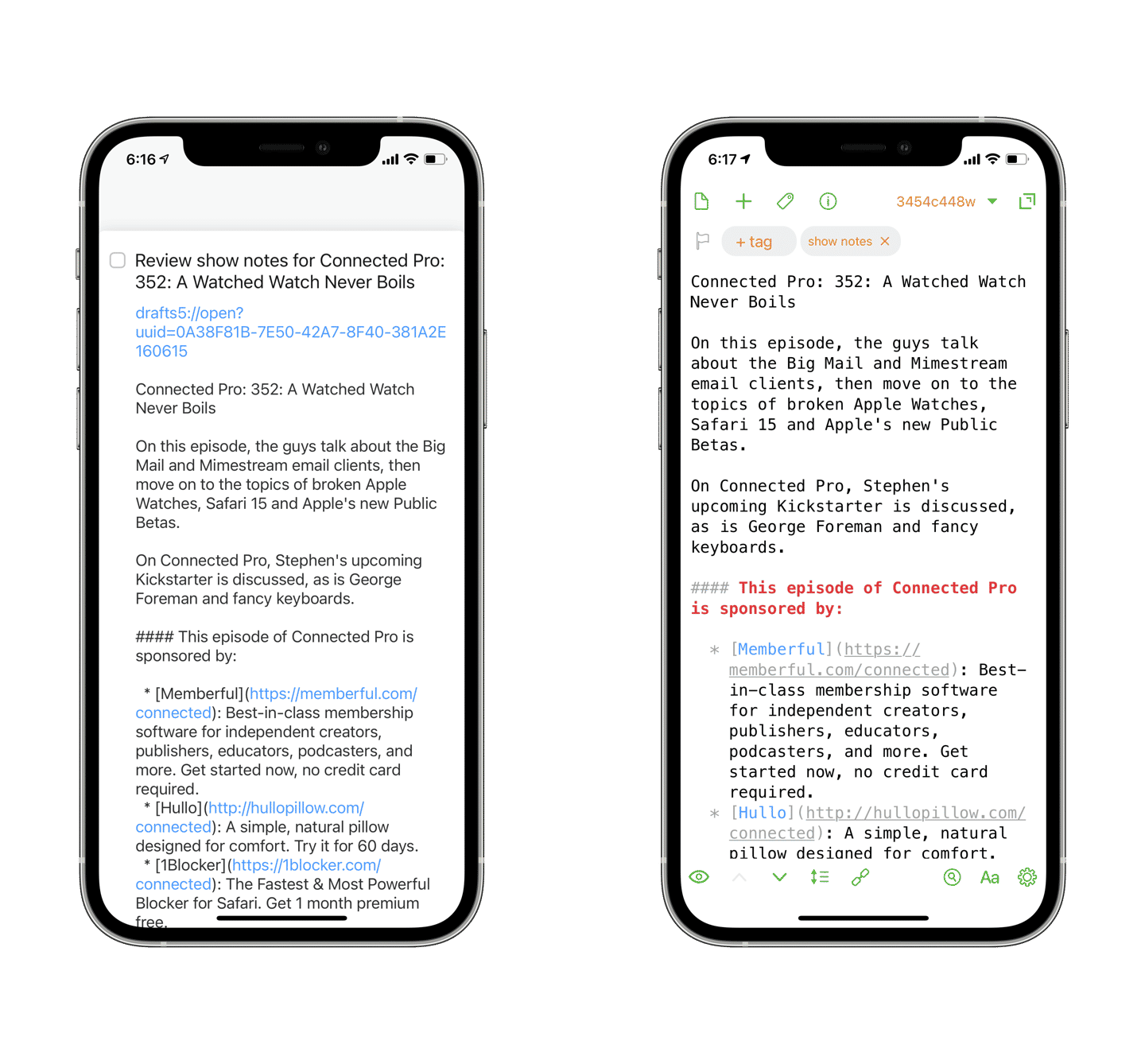 A screenshot of the saved show notes in Things and Drafts.