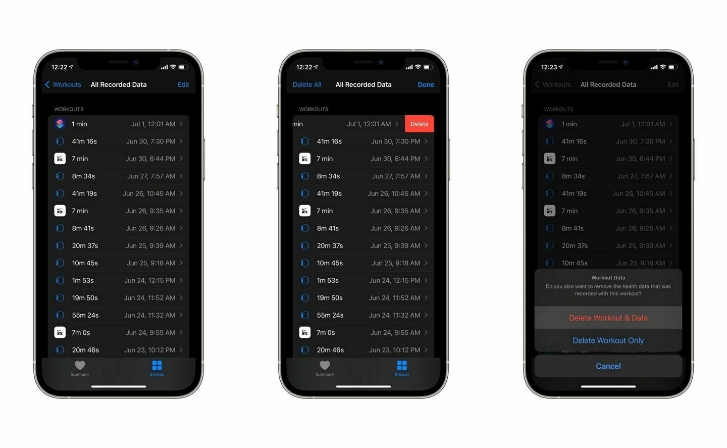 How to delete a workout entry from the Health app.