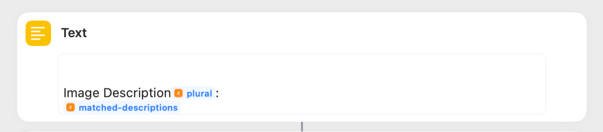 A text action showing the plural variable added onto the word “Description”