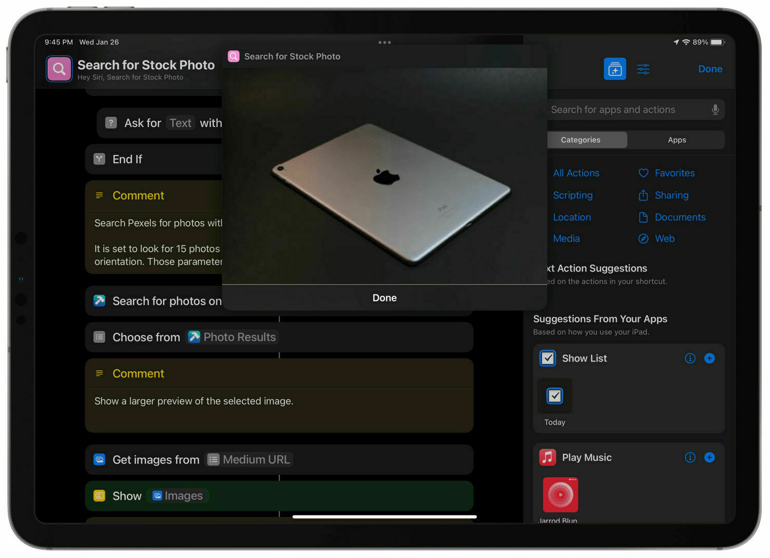 A screenshot of the shortcut in action showing a preview of the selected image.