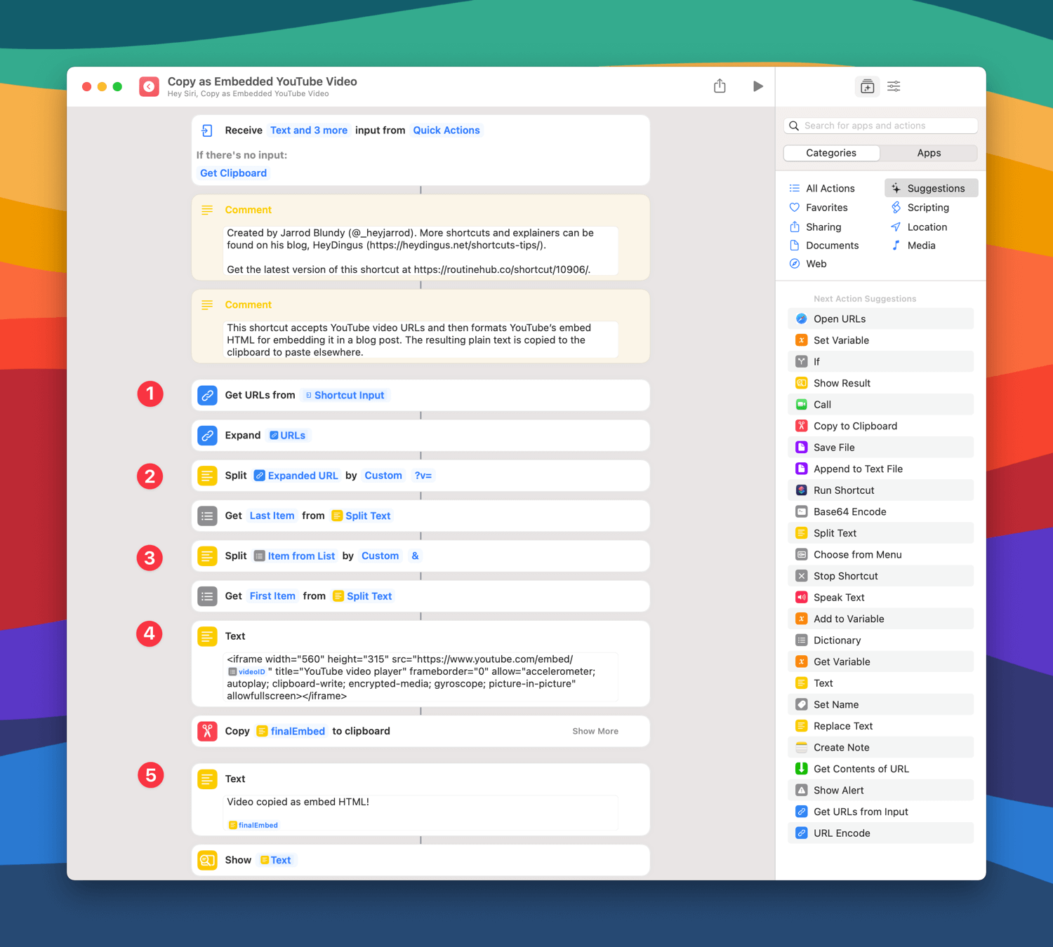 A screenshot of the shortcut’s actions, labeled in sections.