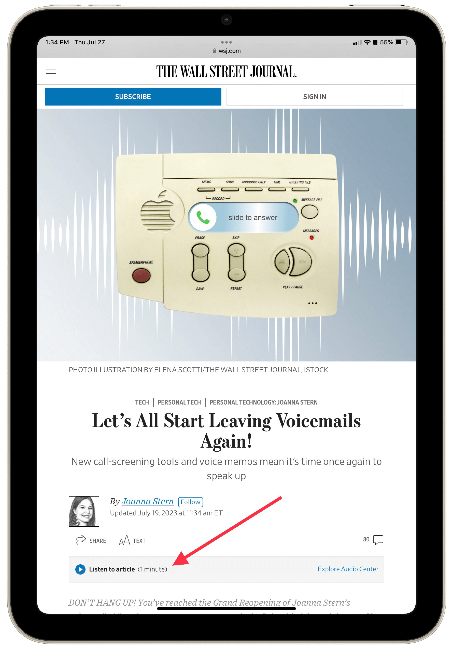 An article on The Wall Street Journal’s website with an annotation pointing out the option to listen to it.