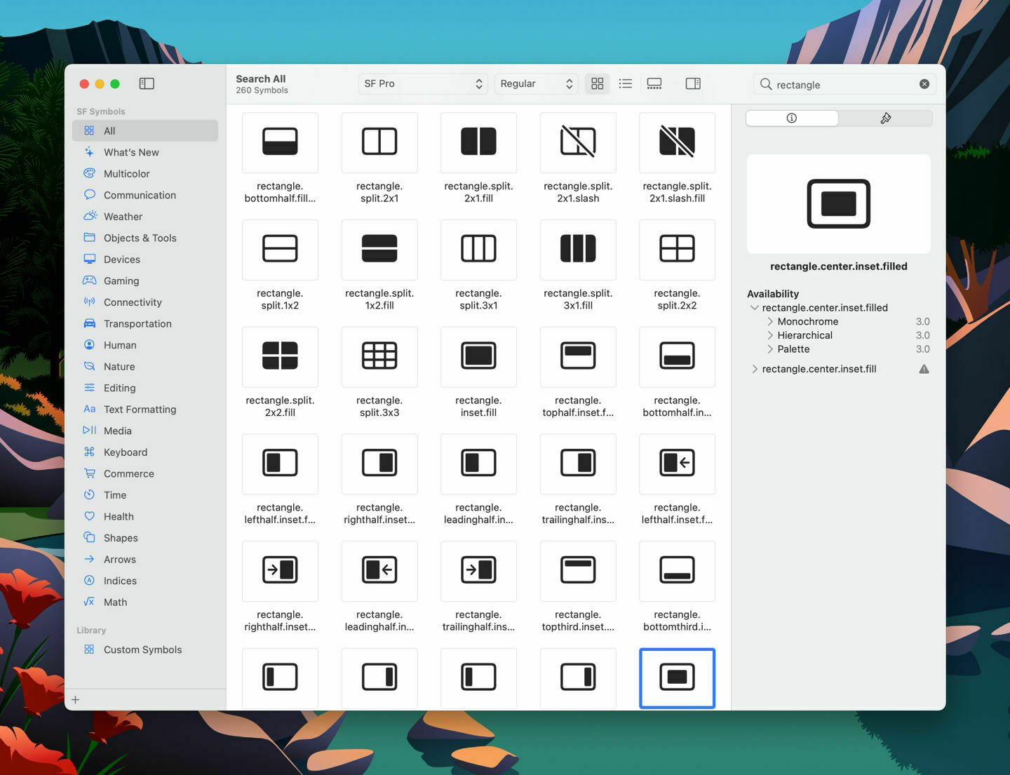 A screen full of SF Symbols icons that look like windowing options.