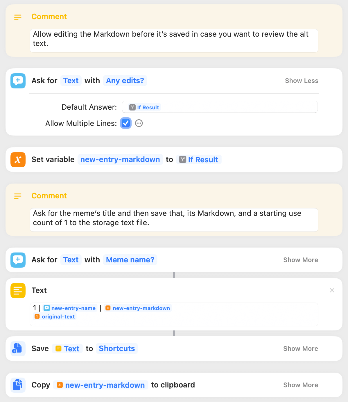 A screenshot depicts a user interface with functions for editing text, setting variables, commenting, and saving in a software application.