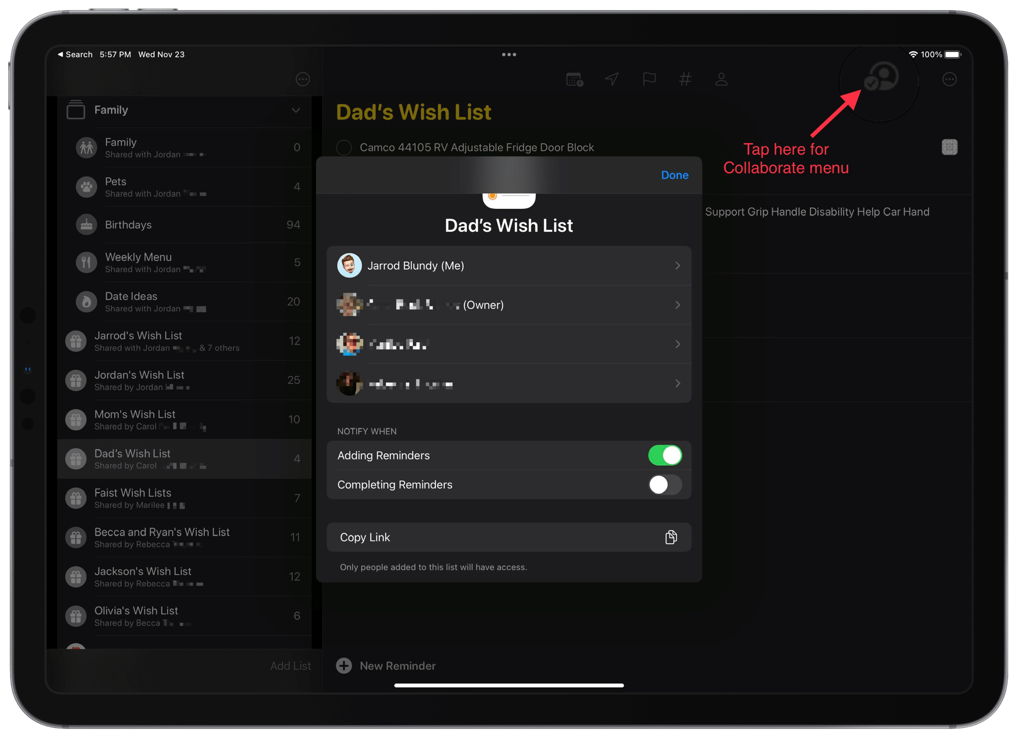 Reminders app collaborate menu with notification on/off switches.