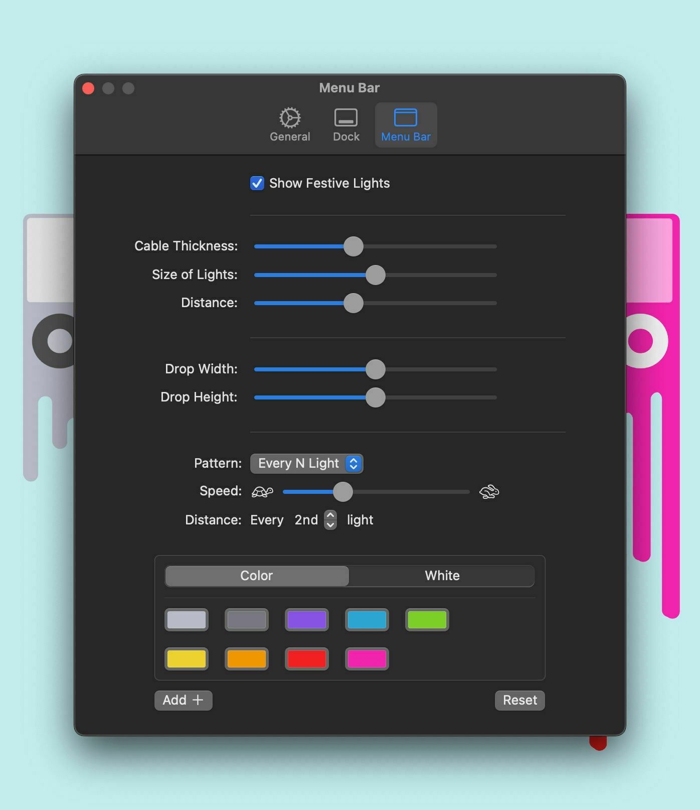 A software settings window displays controls for “Festive Lights,” with sliders for cable thickness, light size, distance, drop width, and drop height. Options include patterns, speed, and color selections.