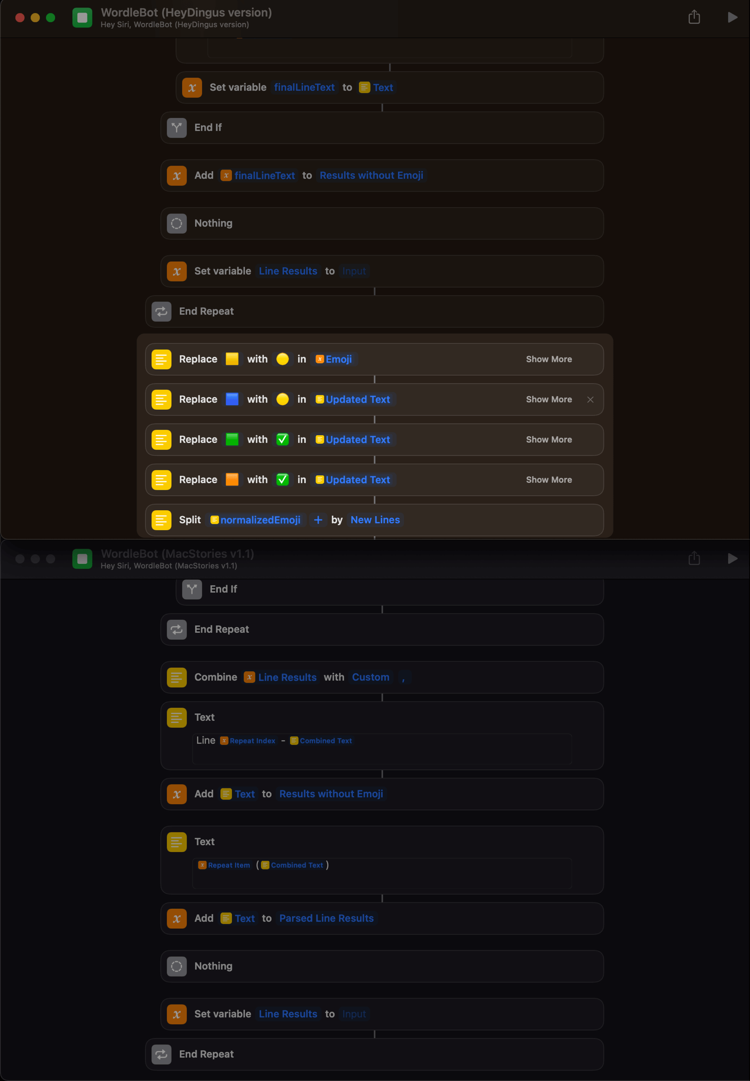 A screenshot comparing the two WordleBot shortcuts, highlighting where emojis are replaced with differentiated versions.