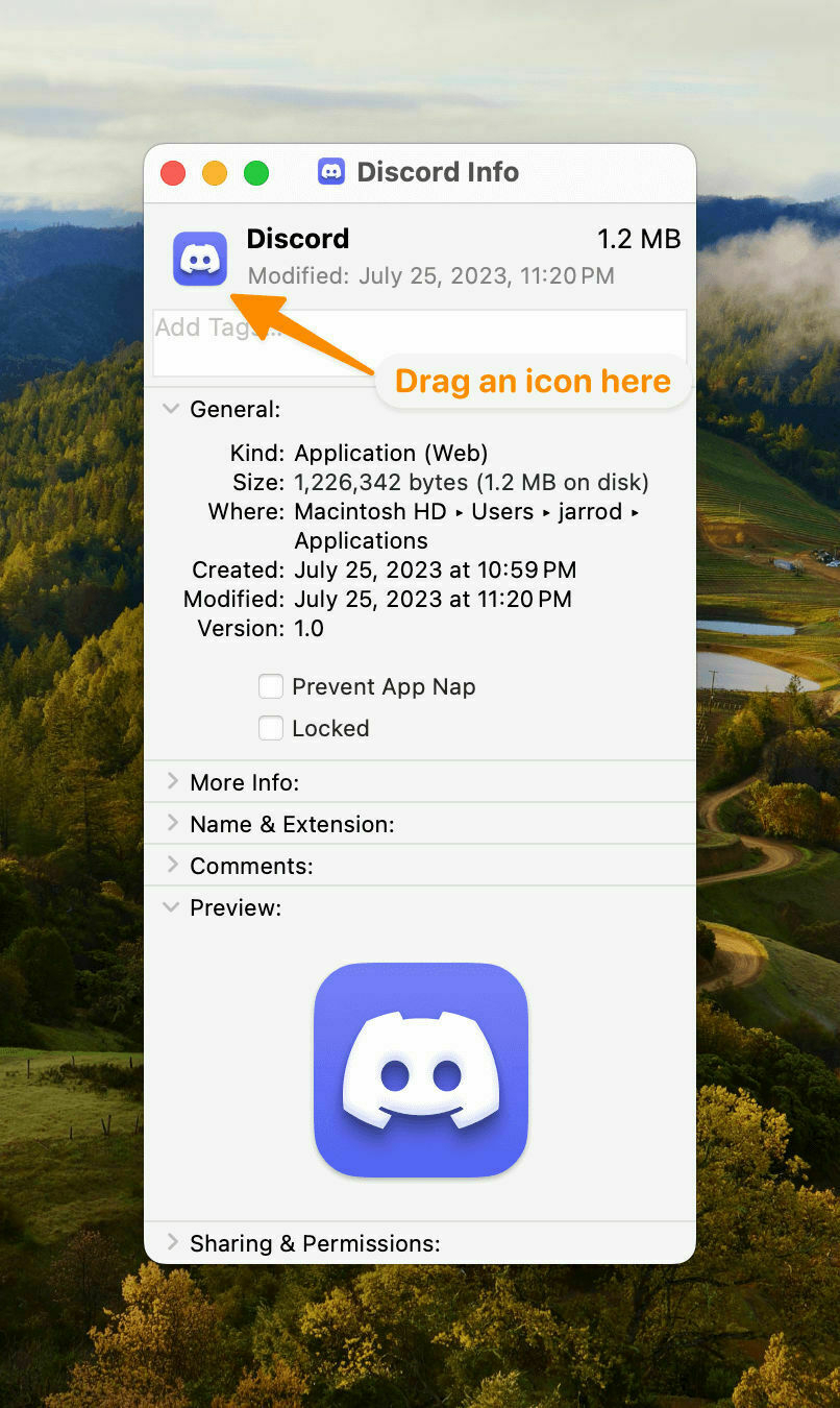 Get Info pane with an annotation showing where to drop a new app icon.