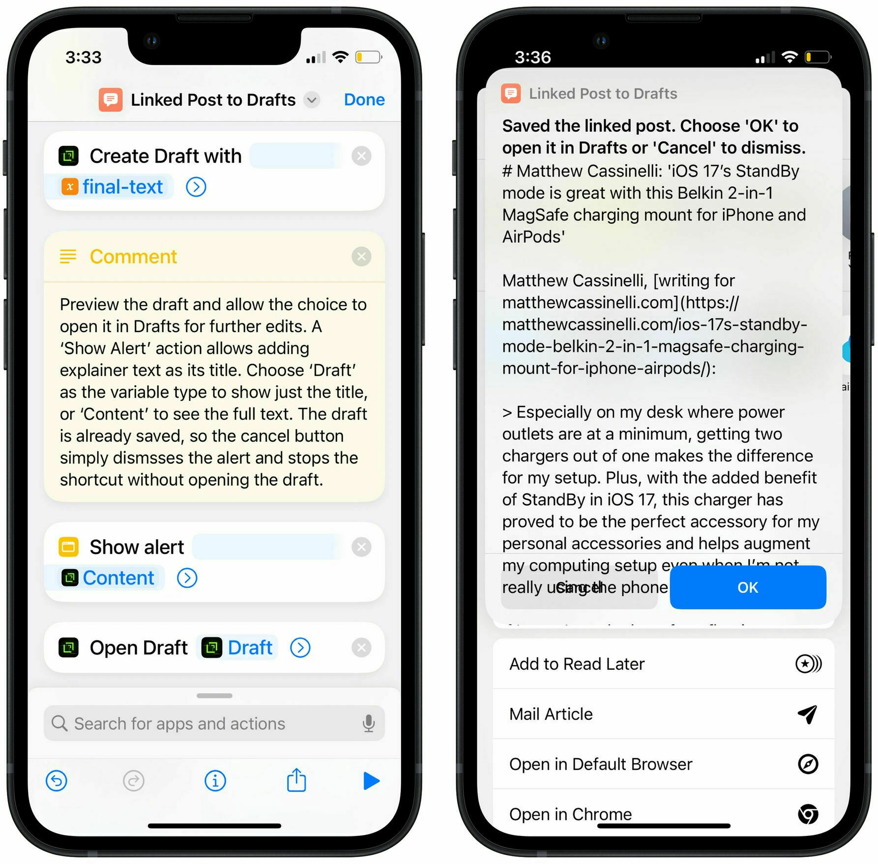 The shortcut trying to display a bunch of text and overlapping the alert buttons.