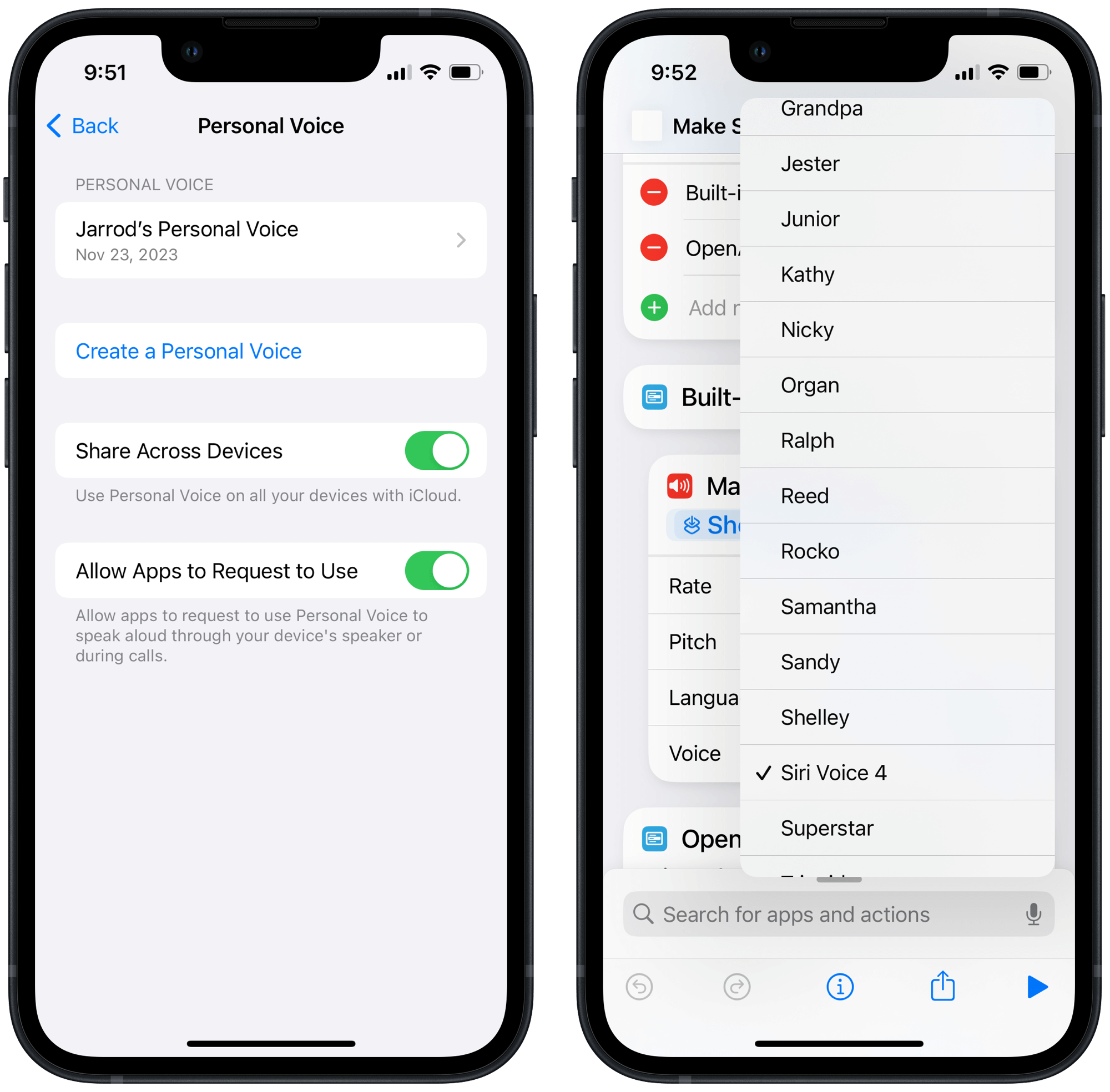 Personal Voice settings showing the toggle for other apps to use it, and Shortcuts’ list of voices with mine missing.