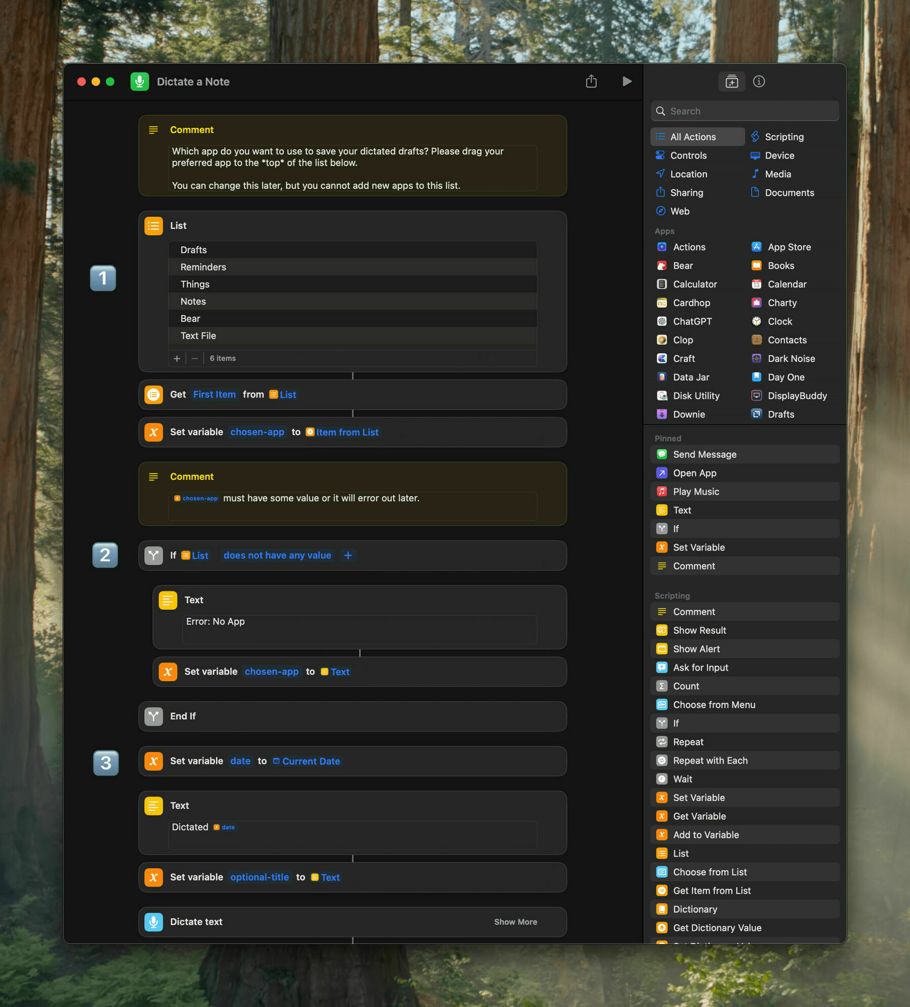 Workflow automation application on a computer screen displays a note dictation setup with various actions and conditions listed. Background shows a forest, enhancing a natural workspace theme.