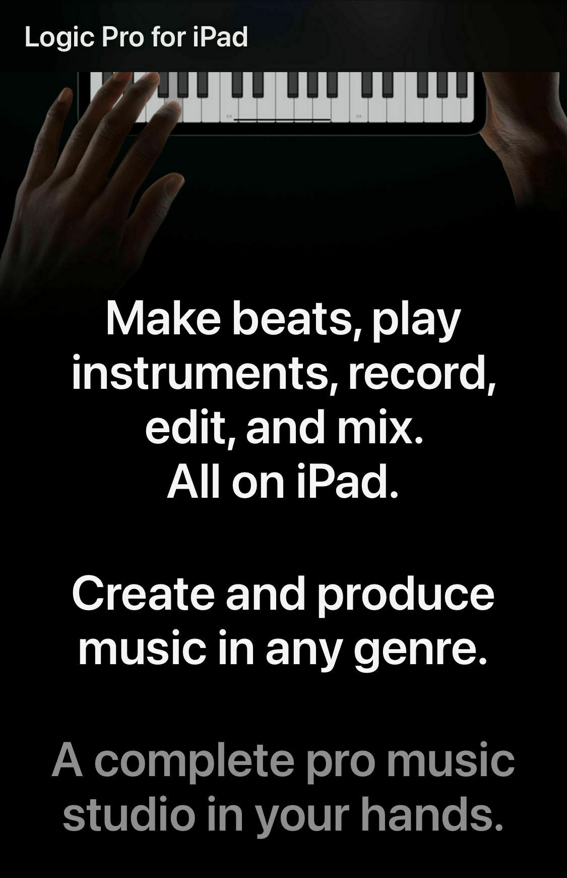 Logic Pro for iPad promo page with all music-related blurbs.