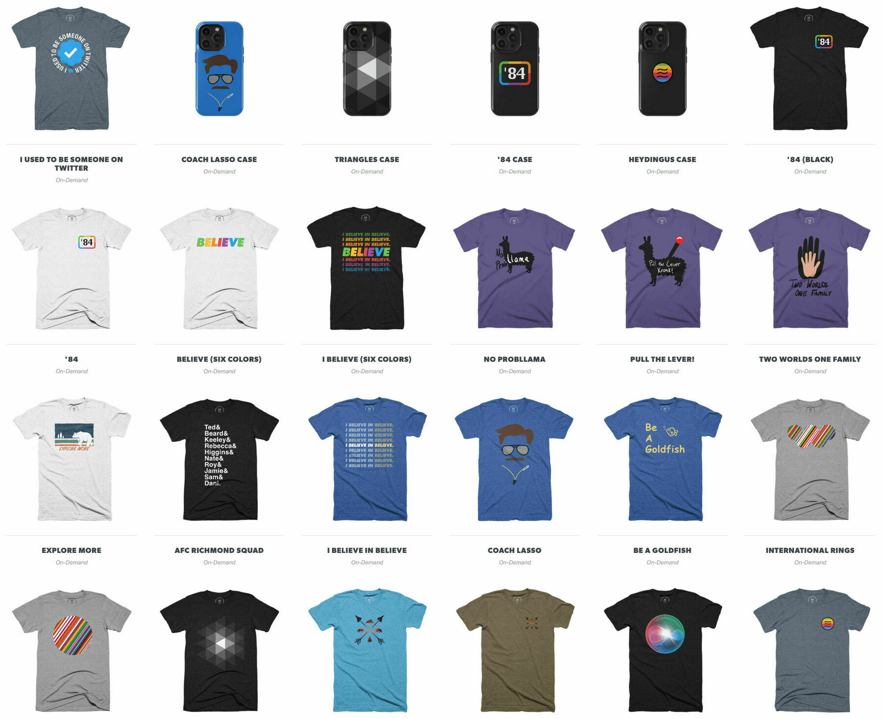 A grid of shirts and phone cases available at my storefront.