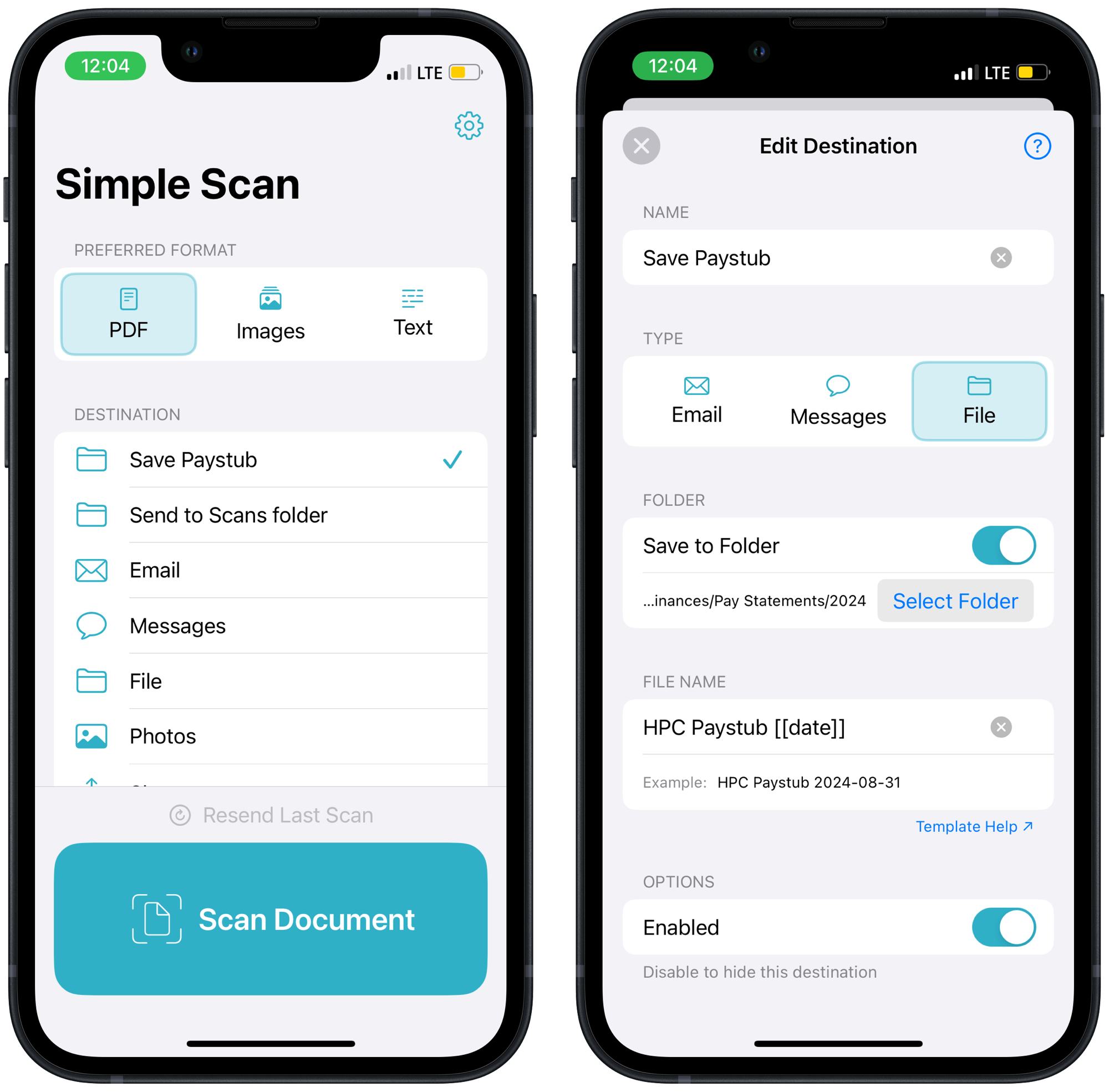 Smartphone screen displays a scanning app interface with options to choose formats (PDF, images, text) and destinations (save paystub, email). Second screen shows detailed editing for saving files.