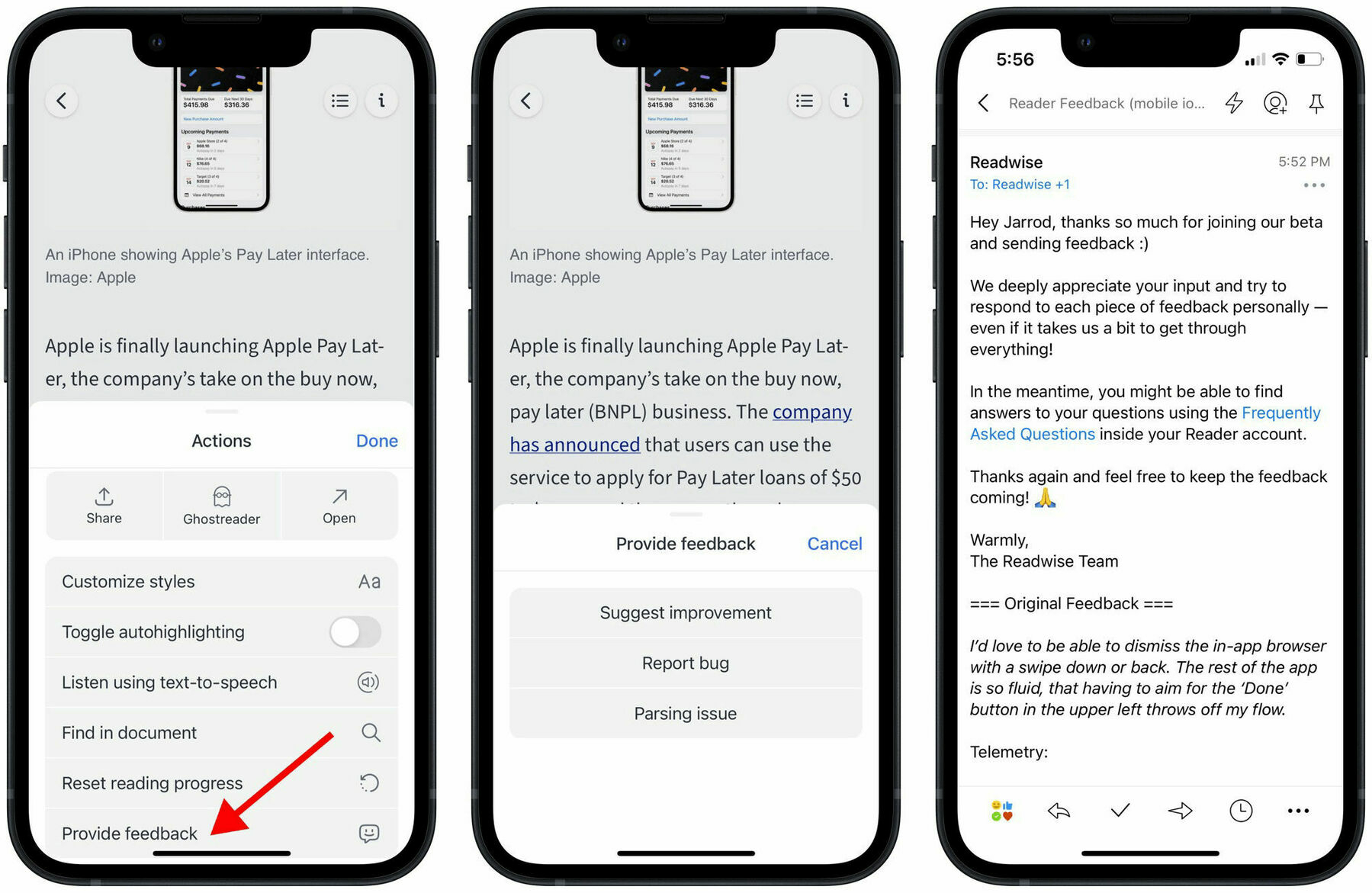 Reader’s flow for starting a feedback message, selecting the type, and their email confirmation.