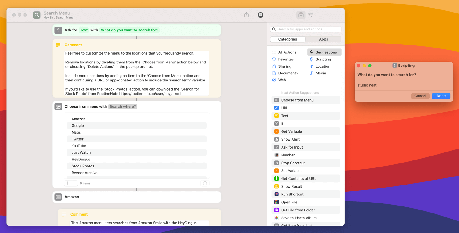 A screenshot of the ‘Search Menu’ shortcut in action, searching for “studio neat”.