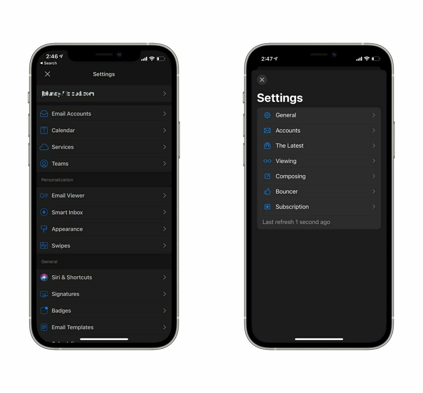 A comparison of Spark’s and Big Mail’s settings screens.