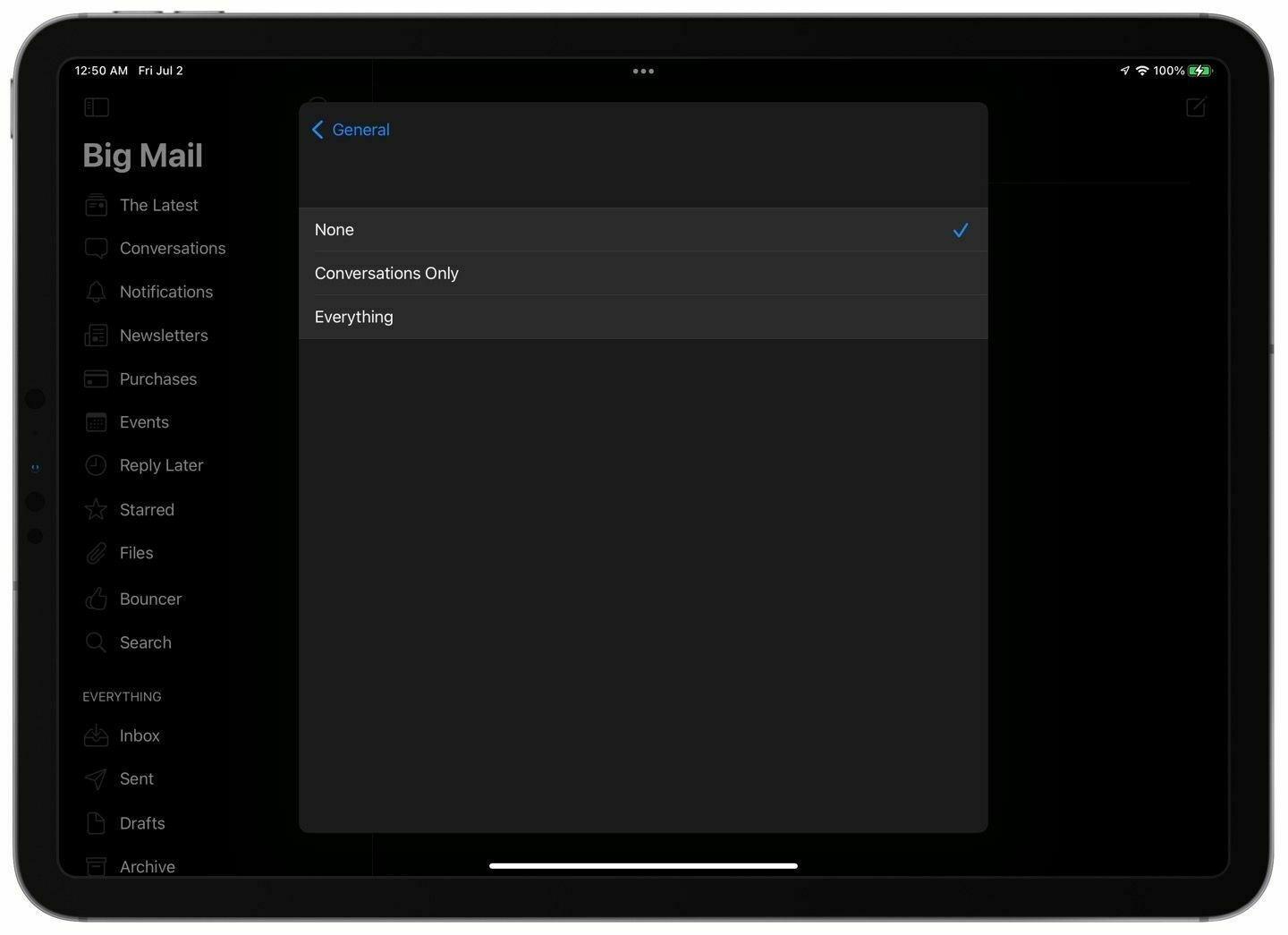 Big Mail on iPad showing that notifications are set to none.