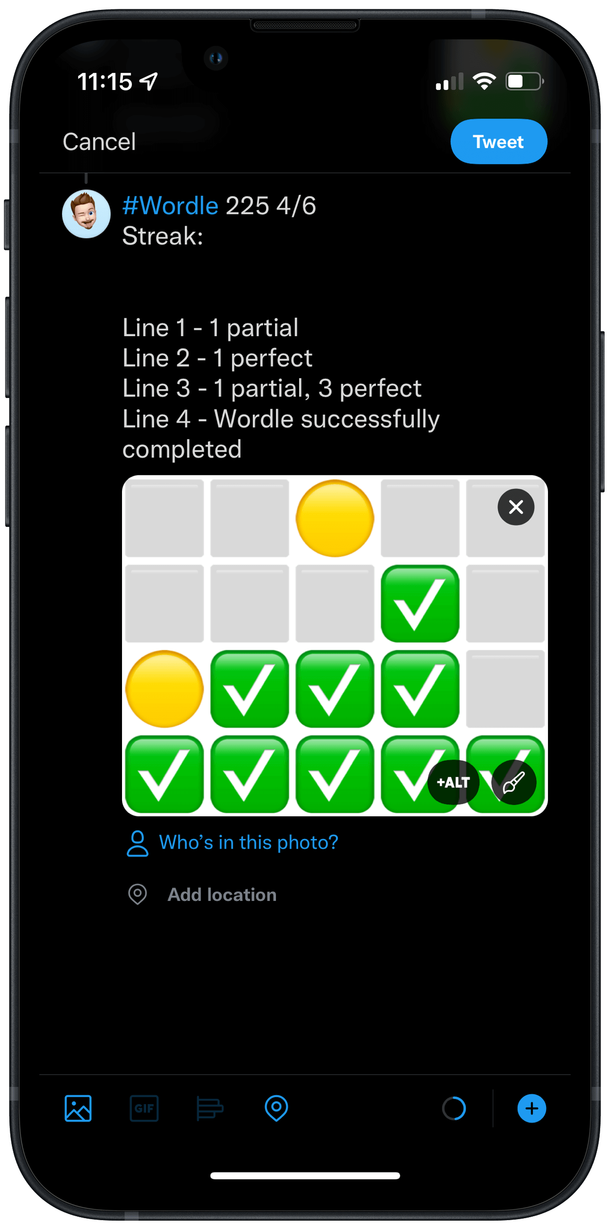 A tweet compose screen with the created image and text, ready for adding as Alt Text.