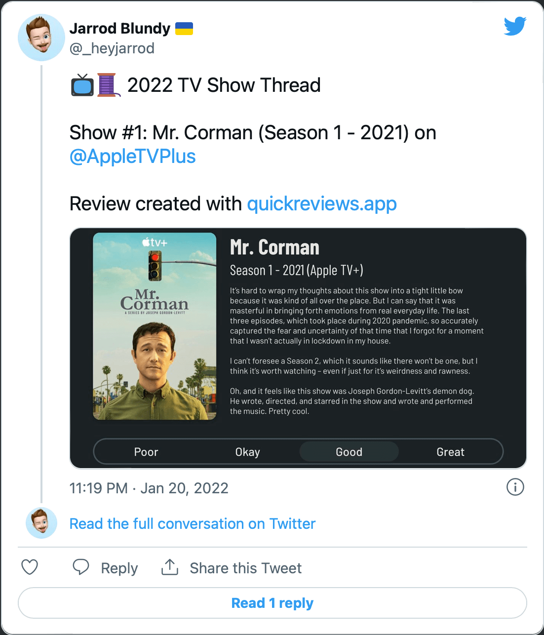 A tweet showing my TV show thread. Follow the link to read on Twitter.