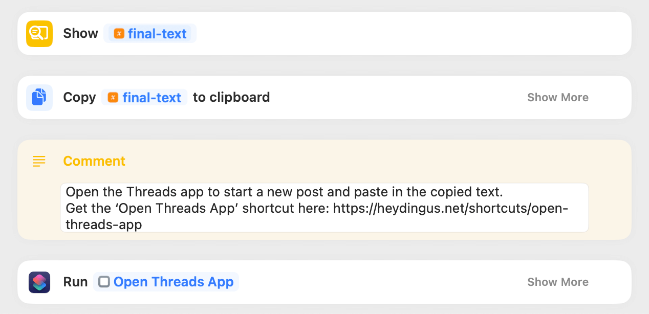Actions for previewing the result, copying it, and opening Threads.