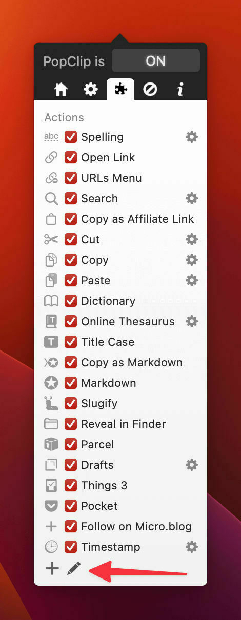 PopClip’s list of my installed extensions.