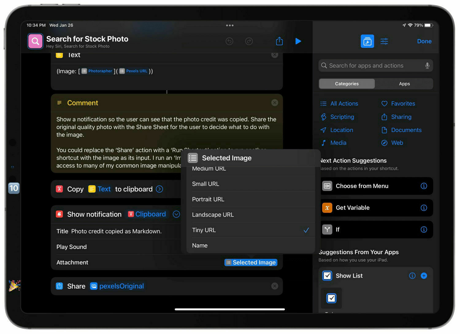 A screenshot of the final sections of the shortcut’s actions.