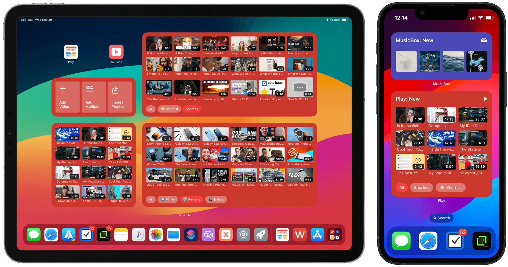 iPad and iPhone home screens with lots of play widgets that show video thumbnails and tag filtering buttons.