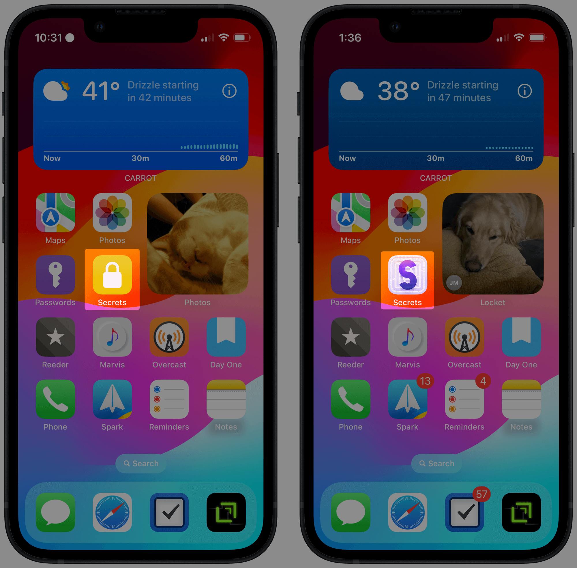 My home screen with (before) an app icon for my ‘Secrets’ note, and (after) with the Secrets app in its place.