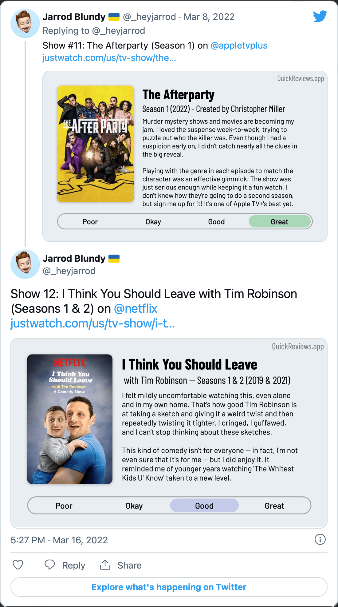 A tweet of my TV show thread.