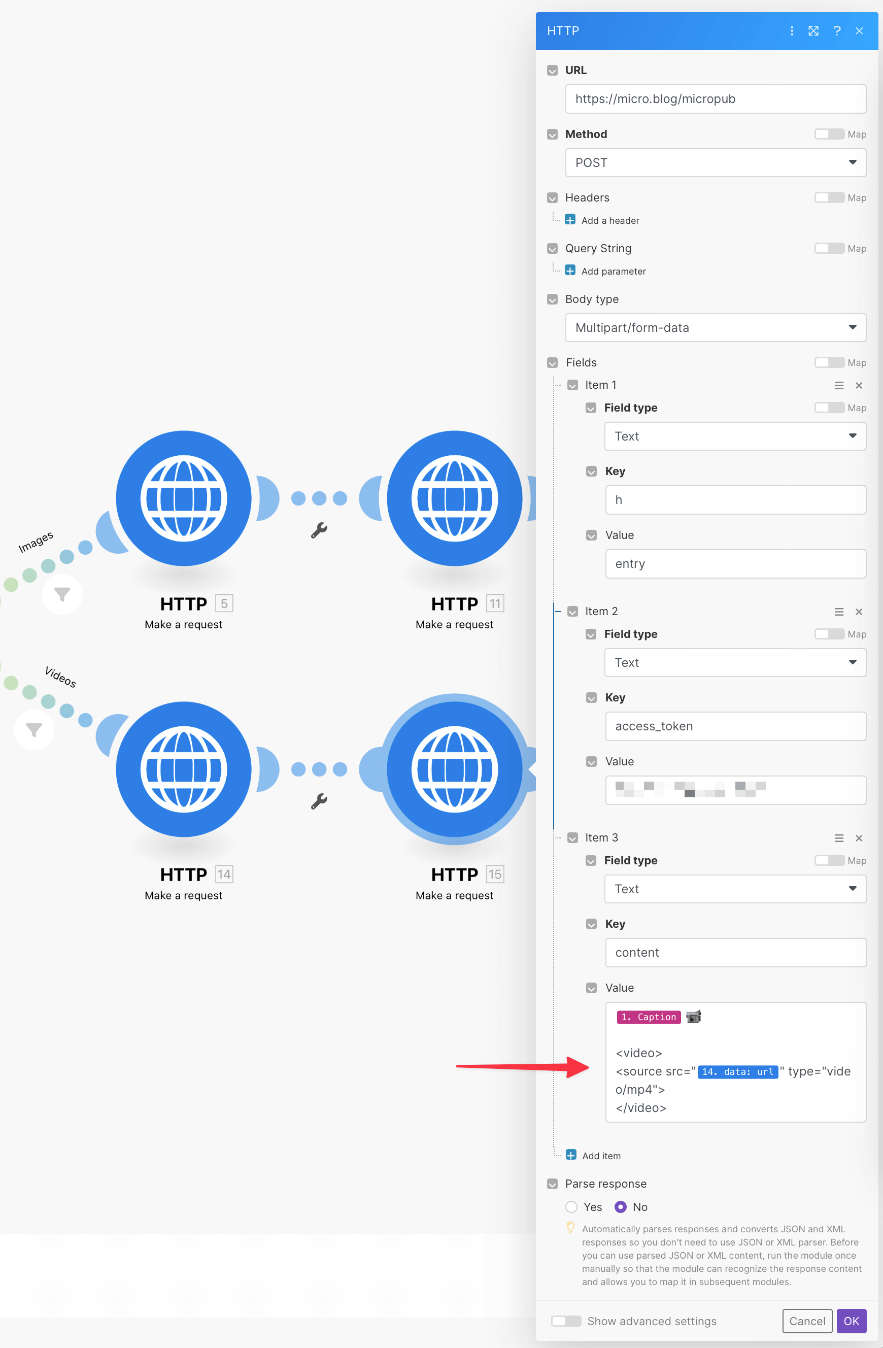 Posting the video to Micro.blog with a <video> tag.