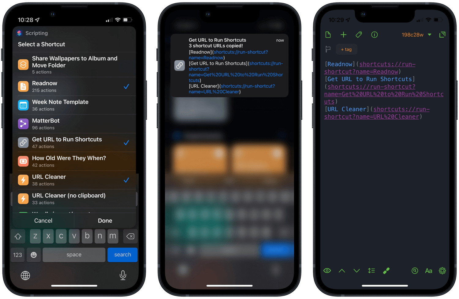 Screenshots of the shortcut in action, and the pasted results in Drafts.