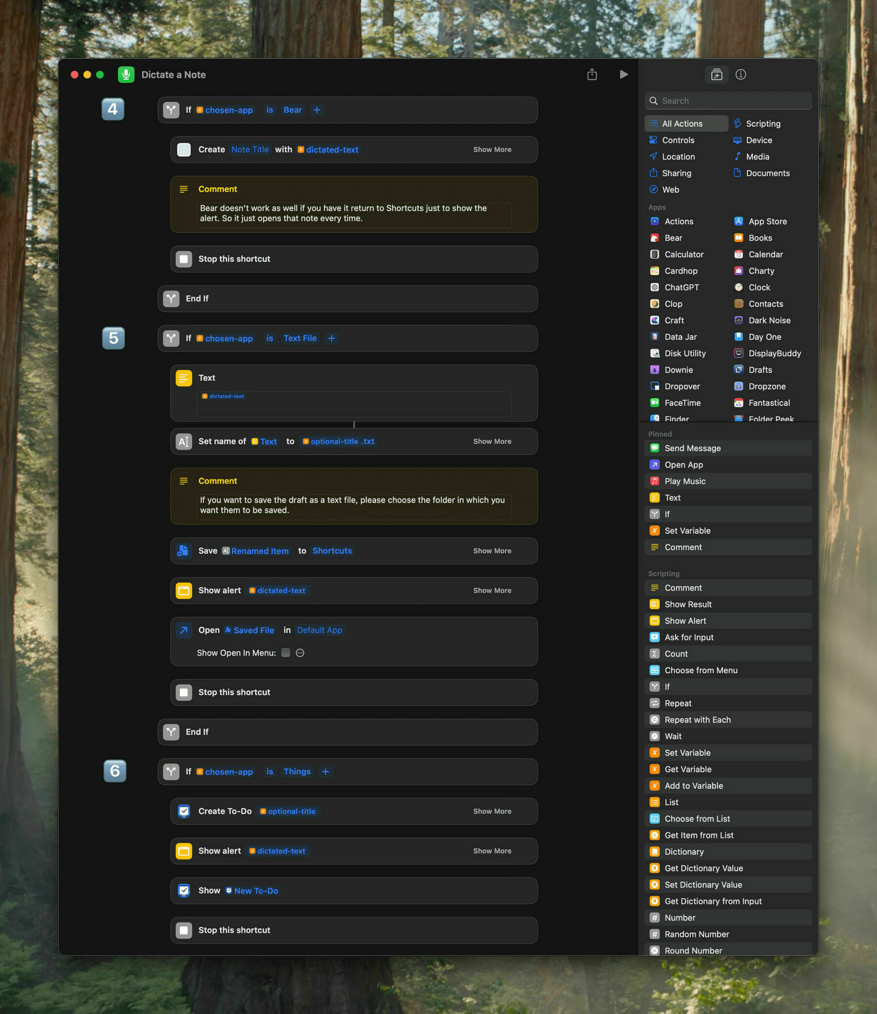 A computer screen displays a Shortcuts app setup, with various steps and conditions for dictating a note. Actions include creating notes, setting text, and saving files. A sidebar lists different apps and functions.
