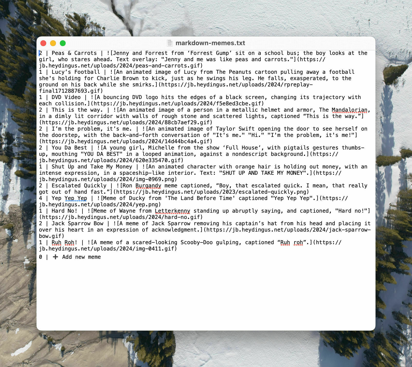 A screenshot of a computer’s text editor containing a structured list of meme descriptions with associated URLs. The cursor blinks at the end of the document, suggesting active editing.