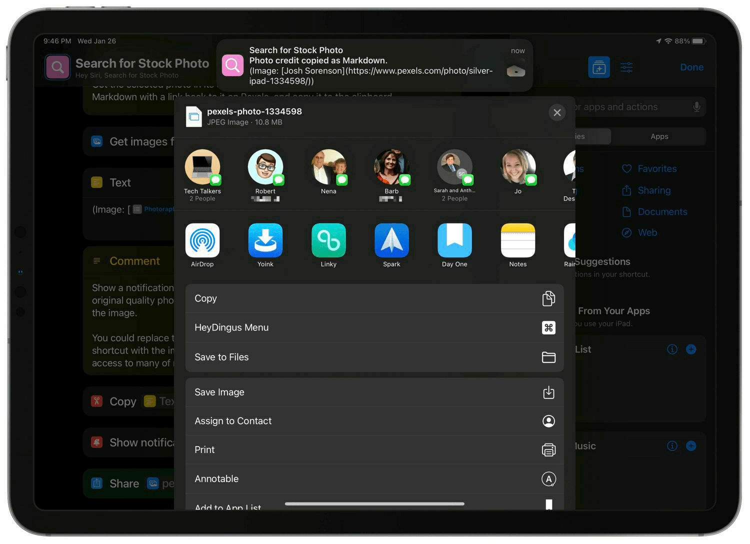 A screenshot of the shortcut in action showing the final notification and Share Sheet.