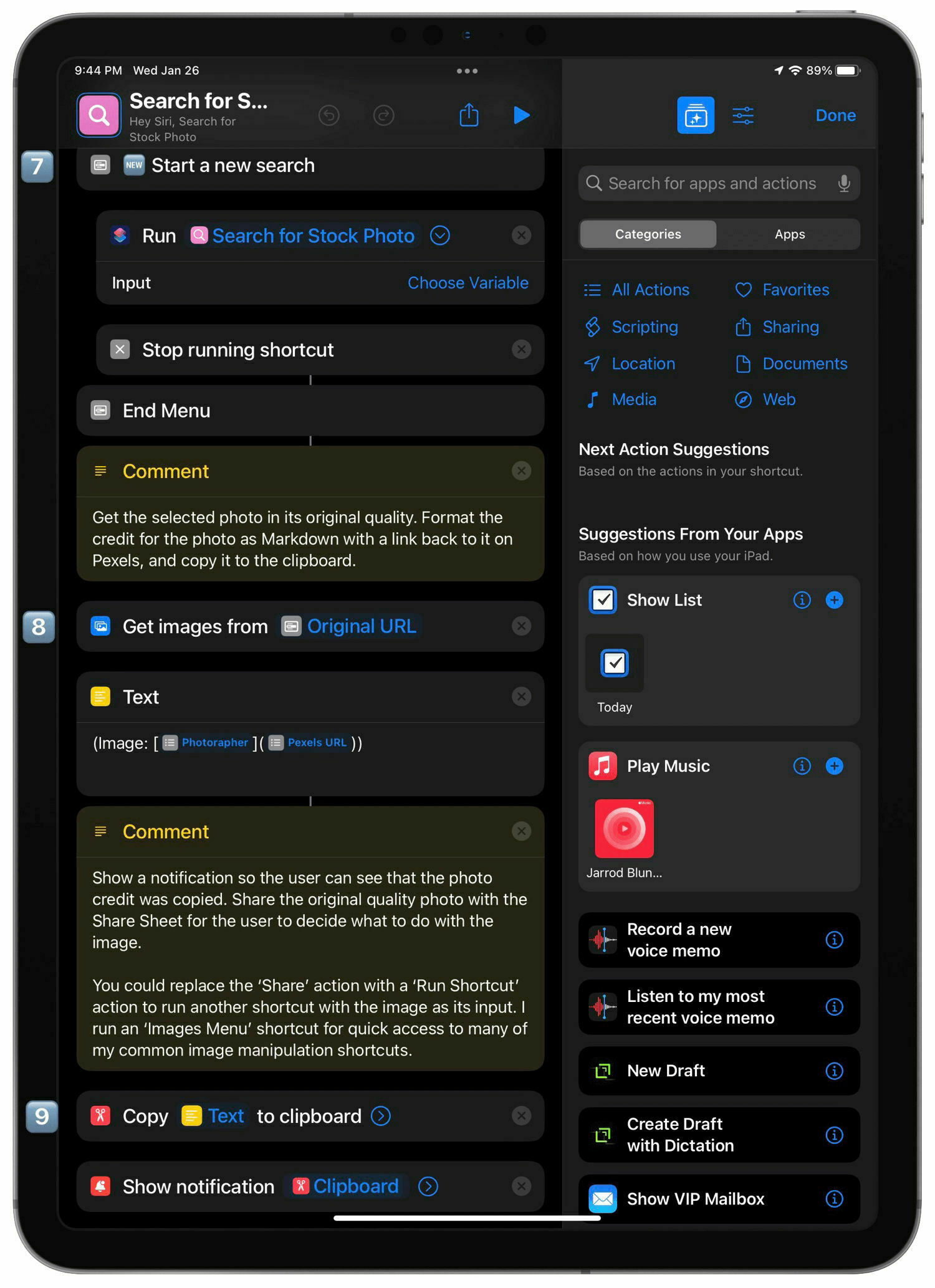 A screenshot showing the 7th through 9th sections of the shortcut’s actions.