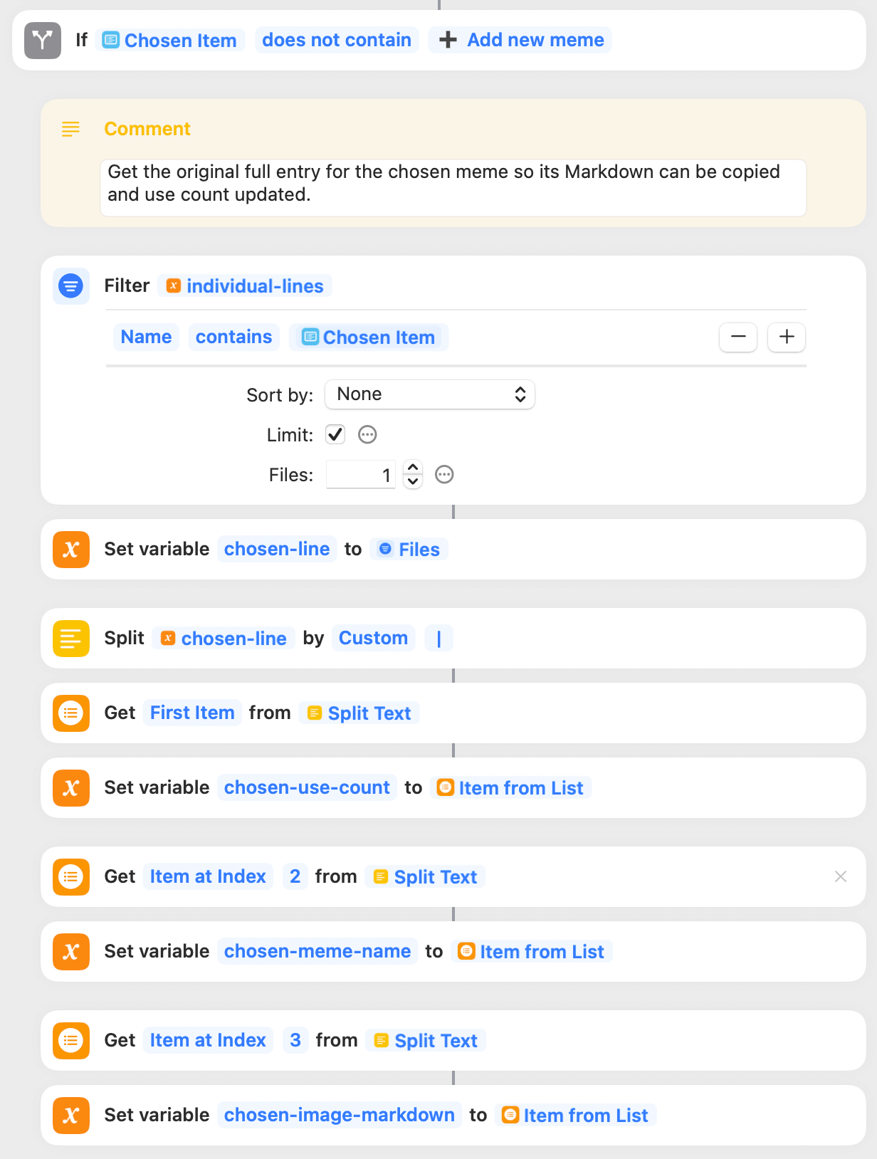 A screenshot shows a flowchart of programming logic blocks labeled with actions such as “Comment,” “Filter,” and “Set variable,” indicating steps in a software automation process.