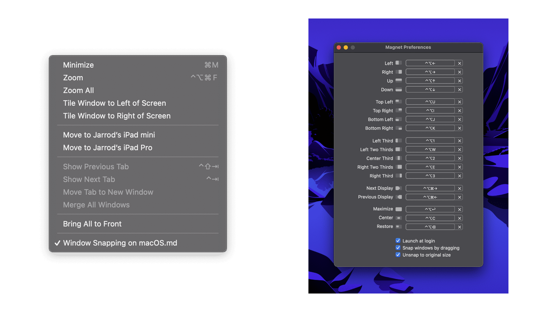 Menu bar items for native Mac tiling, and Magnet app preferences.