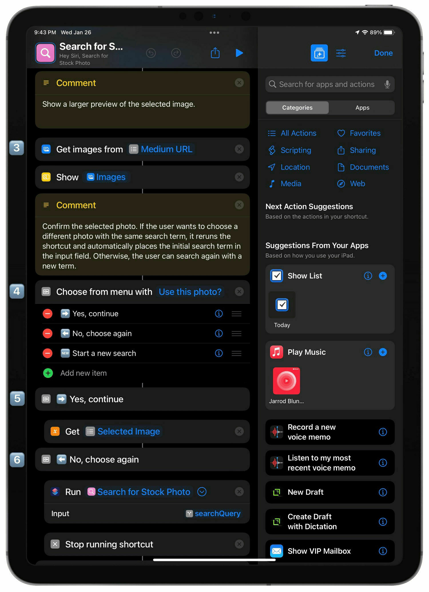 A screenshot of the 3rd through 7th sections of the shortcut’s actions.