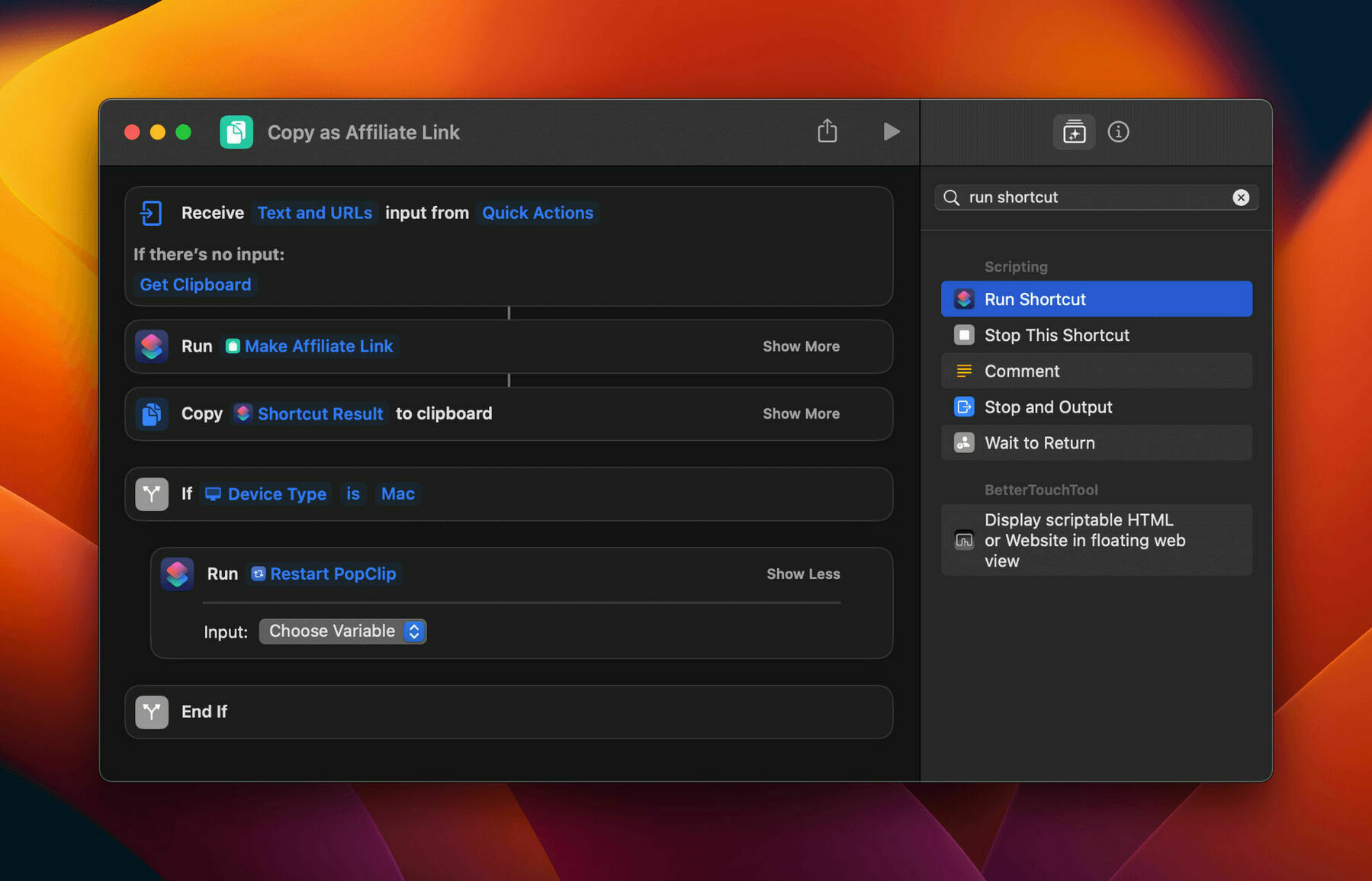 A screenshot of a shortcut running ‘Restart PopClip’ in an ‘If’ action.